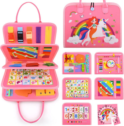 Busy Board Montessori Toys for 1-4 Year Old Toddler, Preschool Educational Learning Activities Developing Sensory Board for Fine Basic Dress Motor Skills/Travel Toys for Plane Car, Gift for Girls Boys