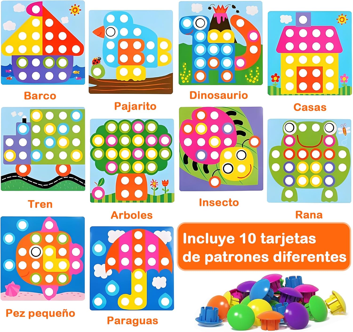 Fidtoy Button Idea Color Recognition Kit for Kids – Button Art Matching Toy with Peg Board, Color Matching Mosaic Puzzle, Fine Motor Learning Activity