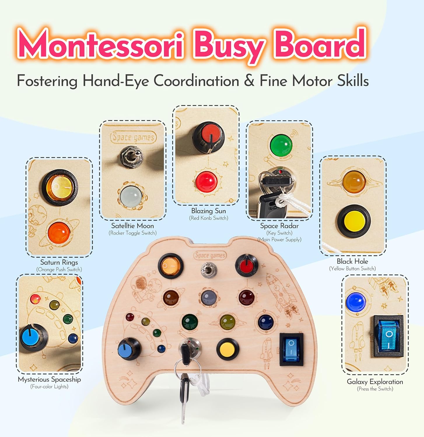 KidMigo Montessori Wooden Busy Board Toy with LED Light Switch, Key Switches for Motor Skills, Sensory Toys for 2-5 Years and Up