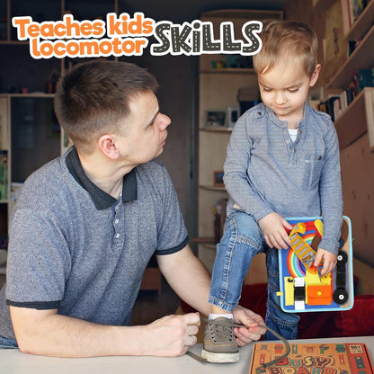 Tabla ocupada para niños pequeños de 1 a 3 o 2 a 4 años, juguete educativo Montessori, habilidades básicas para la vida y actividad motriz fina para niños, aprender a vestir juguete sensorial como avión o juego de viaje en coche