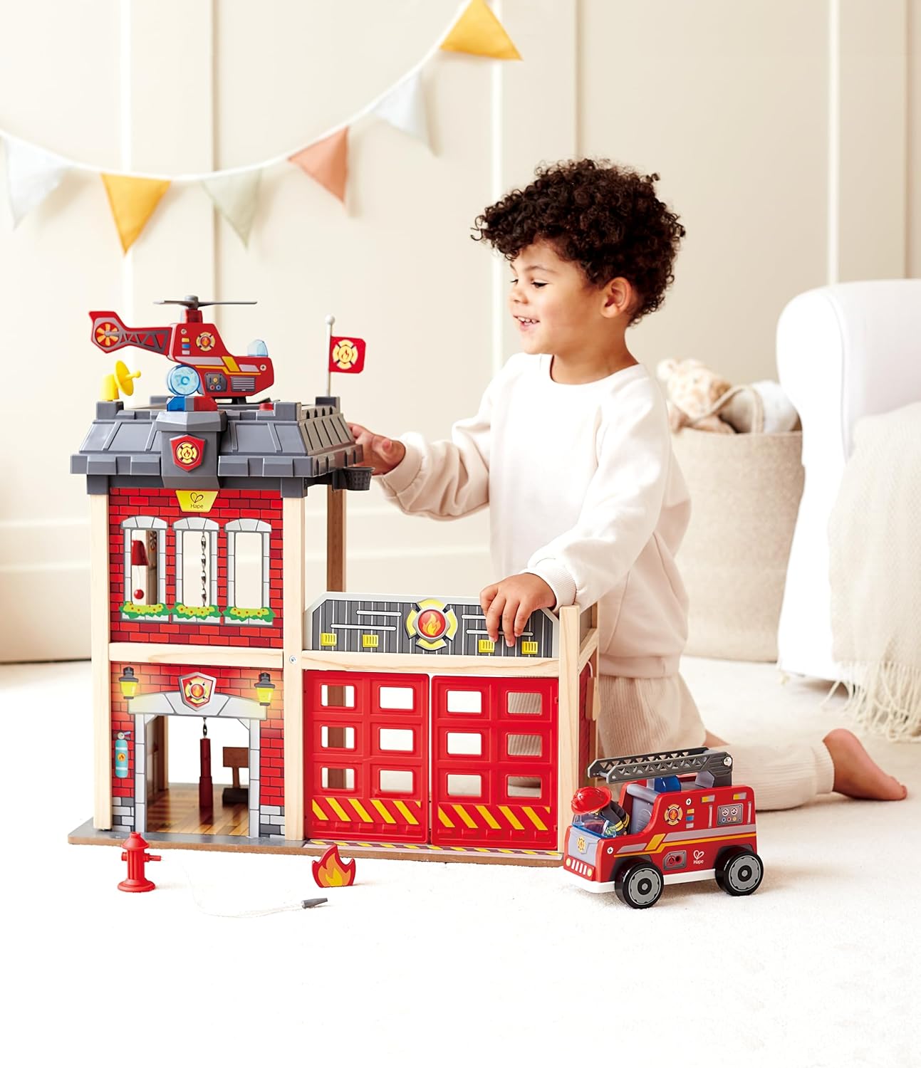 Fidtoy Wooden Fire Station Toy Kids Rescue Playset with Lights Sound