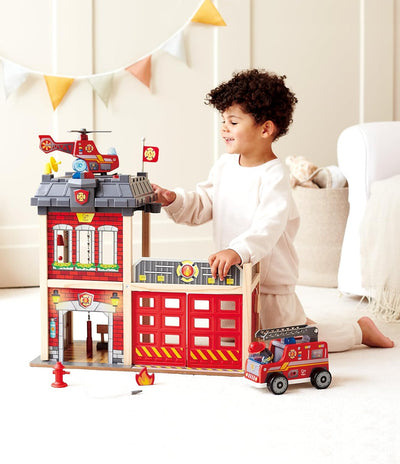 Fidtoy Wooden Fire Station Toy Kids Rescue Playset with Lights Sound