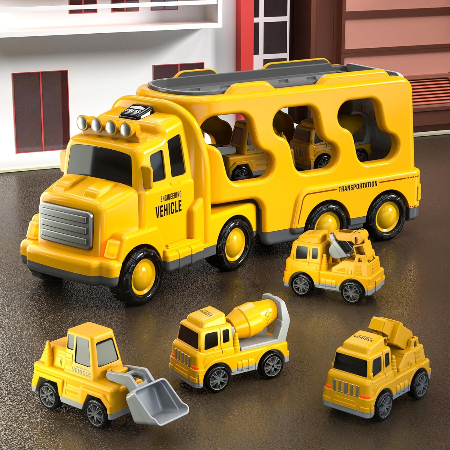 Fidtoy 5-in-1 Construction Truck Toy Set for Toddlers with Lights Sounds Excavator Bulldozer Crane