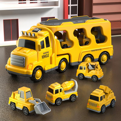 Fidtoy 5-in-1 Construction Truck Toy Set for Toddlers with Lights Sounds Excavator Bulldozer Crane