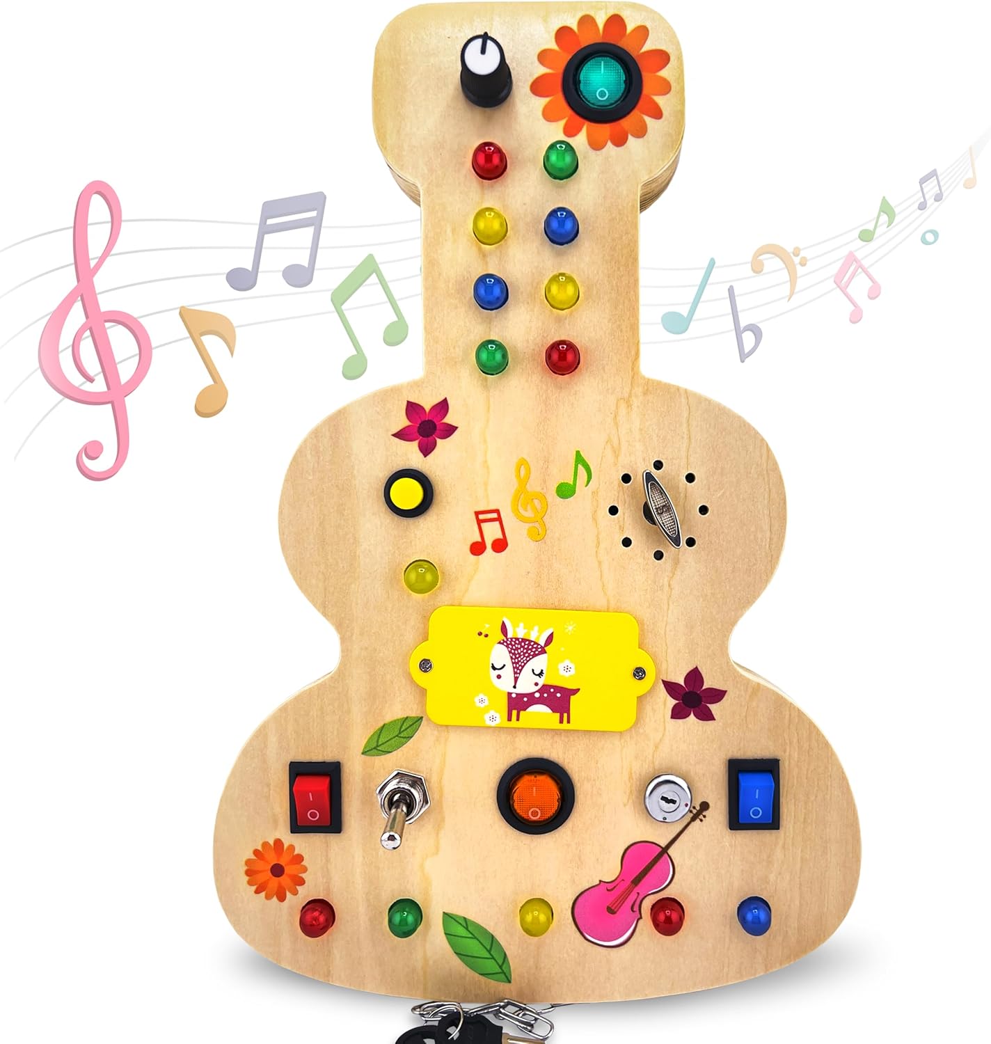 Wooden Montessori Musical Busy Board for Toddlers for 3-5 Year-Old with Mechanical Turner, Colorful Bulbs, Switches, Buttons - Enhance Sensory, Motor Skills, and Logical Thinking