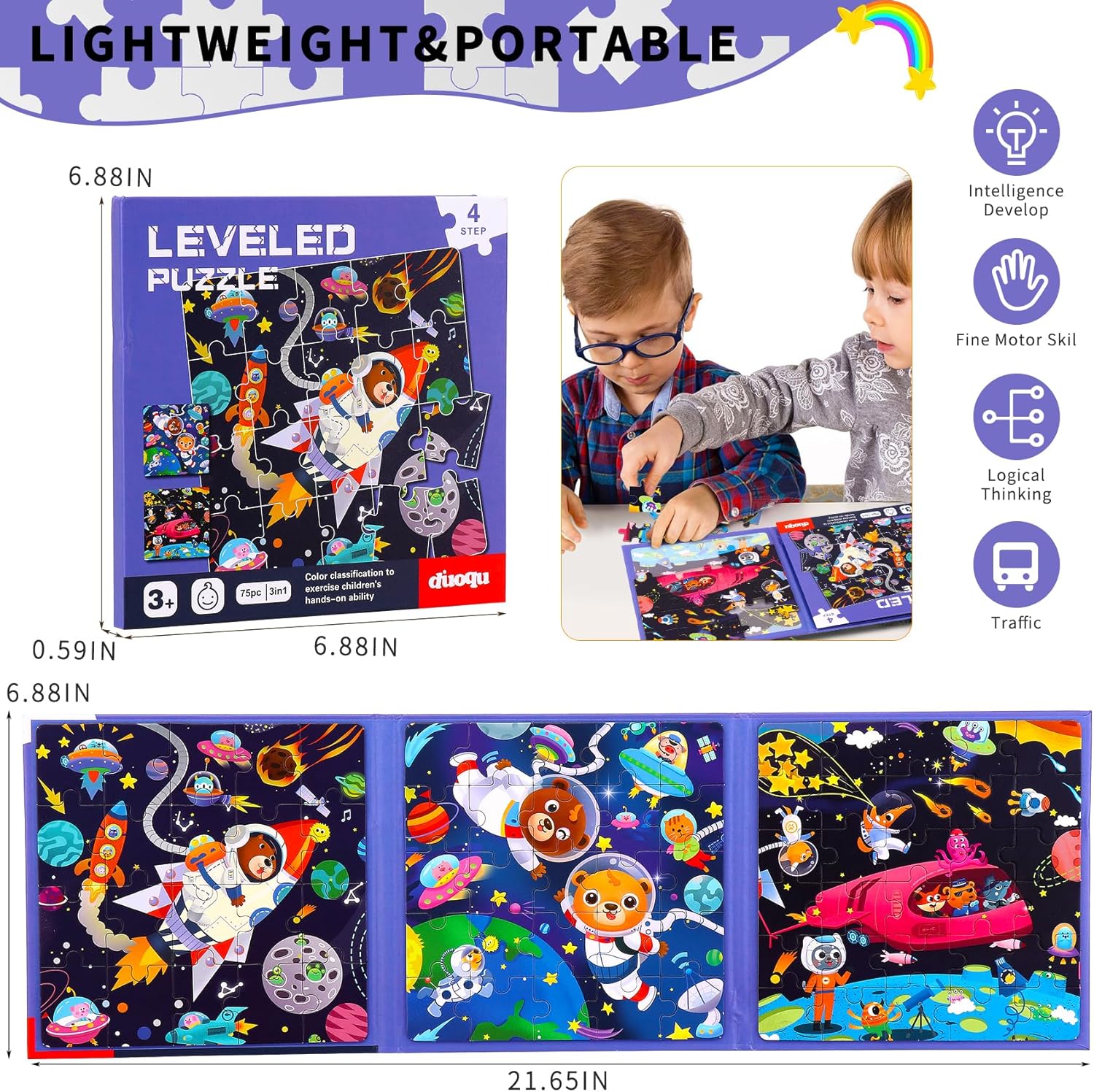 Magnetic Puzzles for kids Ages 4-8 - 3 in 1-75 Pieces Magnet Jigsaw Puzzle Book for Toddlers Ages 3-5 Magnetic Travel Puzzle Board Activities Toy for Boys and Girls (Outer Spaces)
