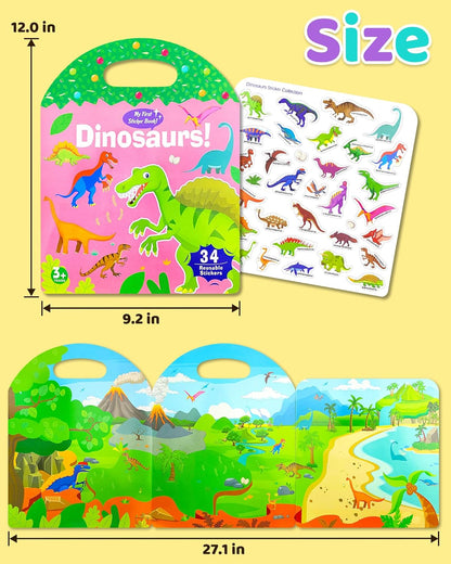 Benresive Reusable Sticker Book for Toddlers 2-4 Years, Fun Travel Stickers for Kids, Waterproof Sticker Books for Toddlers 1-3, 32 Pcs Crafts Activities for Todddlers 1-3 2-4 3-5 - Dino