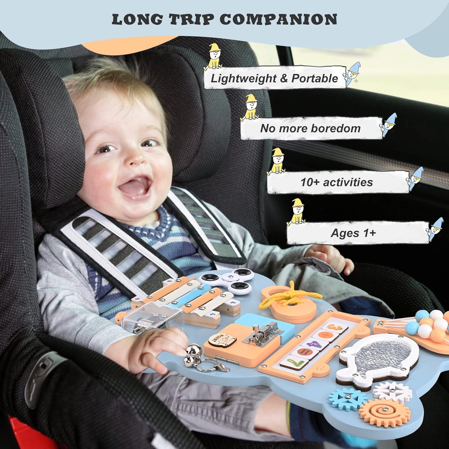 Busy Board Montessori, Sensory Activity Boards - Motor Skills Board - Fine Motor Skills Activity Board for On The Go While Travelling (Blue Board)