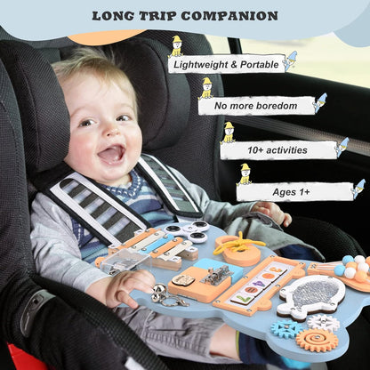 Busy Board Montessori, Sensory Activity Boards - Motor Skills Board - Fine Motor Skills Activity Board for On The Go While Travelling (Blue Board)