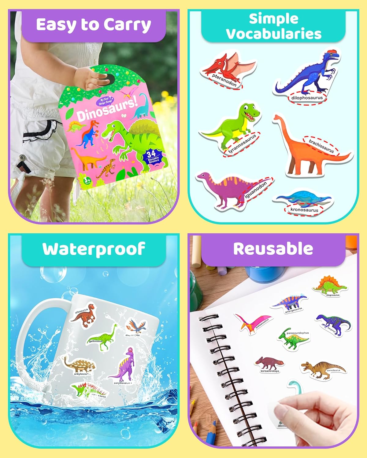 Benresive Reusable Sticker Book for Toddlers 2-4 Years, Fun Travel Stickers for Kids, Waterproof Sticker Books for Toddlers 1-3, 32 Pcs Crafts Activities for Todddlers 1-3 2-4 3-5 - Dino