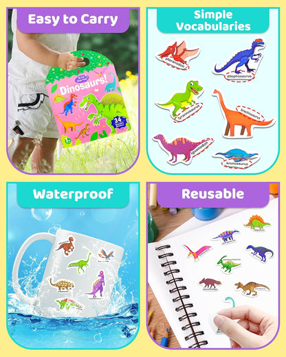 Benresive Reusable Sticker Book for Toddlers 2-4 Years, Fun Travel Stickers for Kids, Waterproof Sticker Books for Toddlers 1-3, 32 Pcs Crafts Activities for Todddlers 1-3 2-4 3-5 - Dino