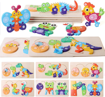 Fidtoy 3D Cognitive Puzzle of Animal Growth - Random Animals, Wooden Animal Growth Puzzle with Numbered Pieces, Montessori Nature Learning Toy for Kids
