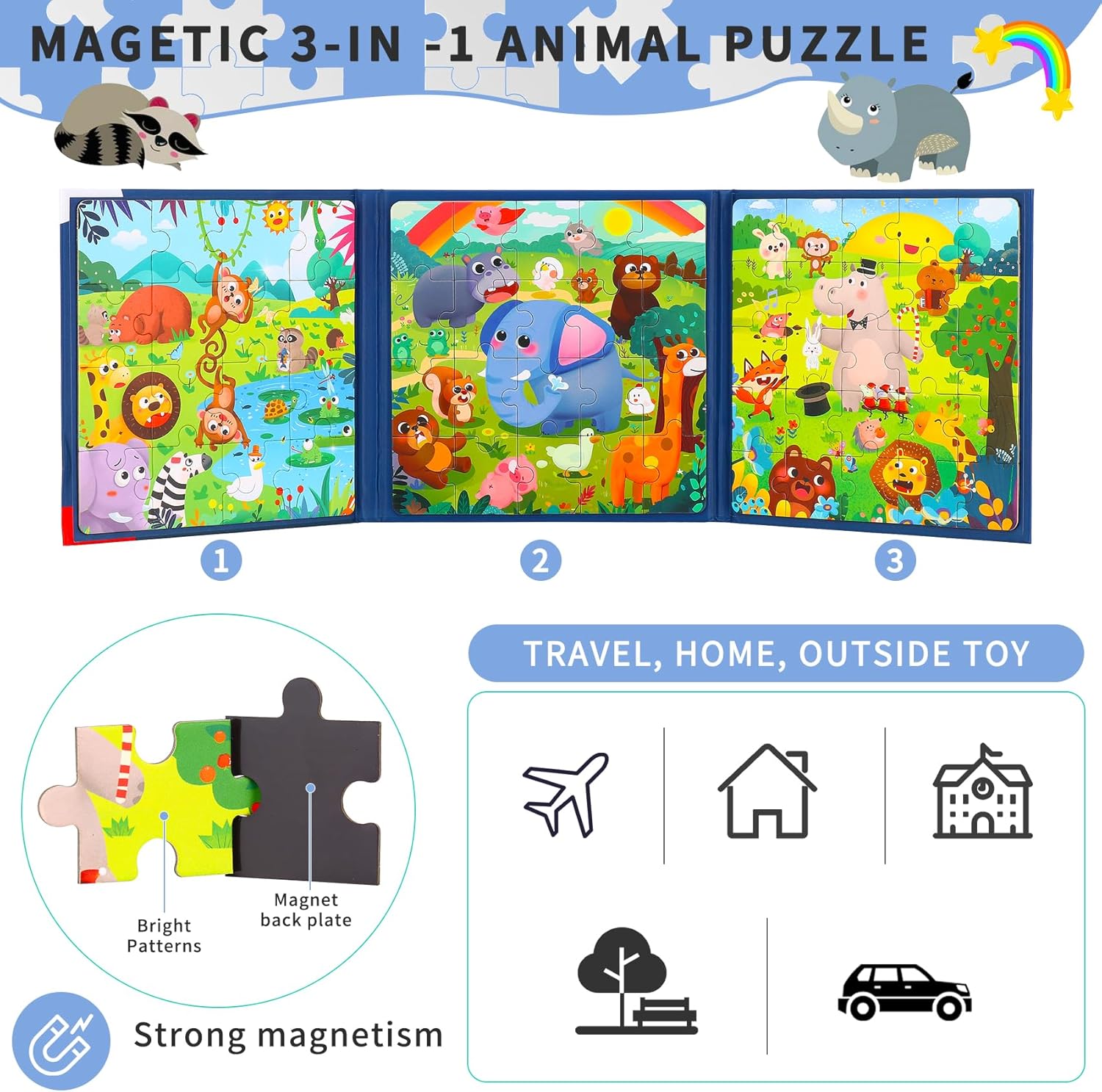 Magnetic Puzzles for kids Ages 4-8 - 3 in 1-75 Pieces Magnet Jigsaw Puzzle Book for Toddlers Ages 3-5 Magnetic Travel Puzzle Board Activities Toy for Boys and Girls (Animals)
