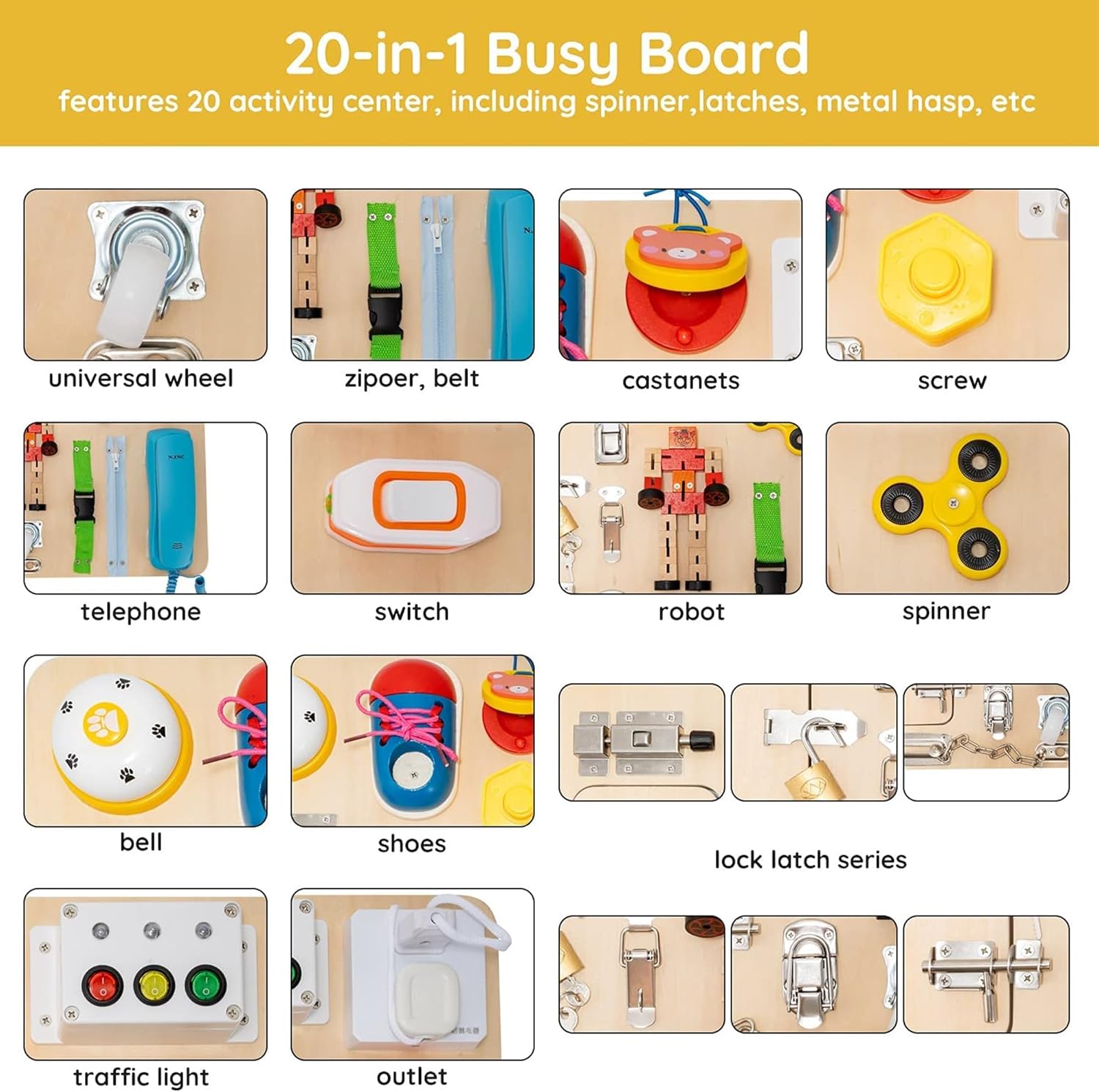 Fidtoy 20-in-1 Montessori Wooden Busy Board for Toddlers