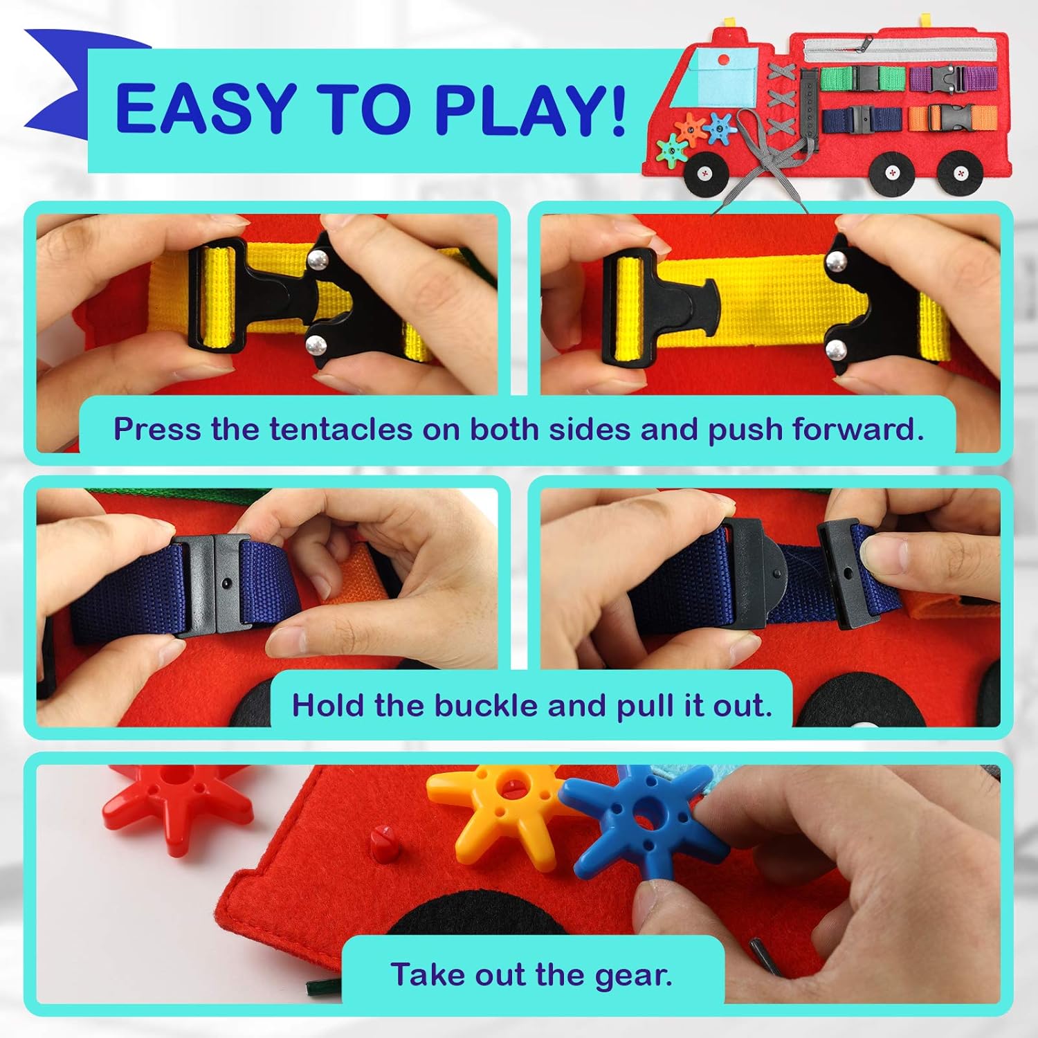 Busy Board for Toddlers 1-3 or 2-4, Firetruck Preschool Educational Early Learning Toy, Basic Life Skills and Fine Motor Montessori Activities for Kids, Learn to Dress Sensory Toy as Travel Game