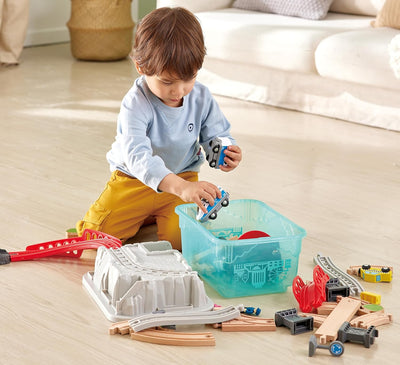 Fidtoy Wooden City Train Set with Storage Bucket Railway Toy