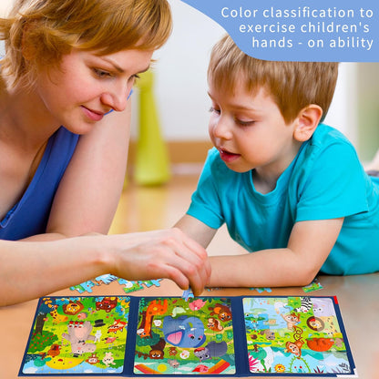 Magnetic Puzzles for kids Ages 4-8 - 3 in 1-75 Pieces Magnet Jigsaw Puzzle Book for Toddlers Ages 3-5 Magnetic Travel Puzzle Board Activities Toy for Boys and Girls (Animals)