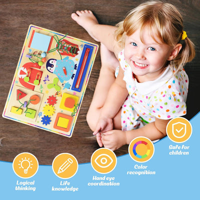 Fidtoy 10in1 Wooden Sensory Busy Board Activity for Toddlers, Wooden Montessori Practical Life Activity Board with Xylophone, Maze, Shape Sorter, Zipper, Clock, Gears and Switches Ages 2-4