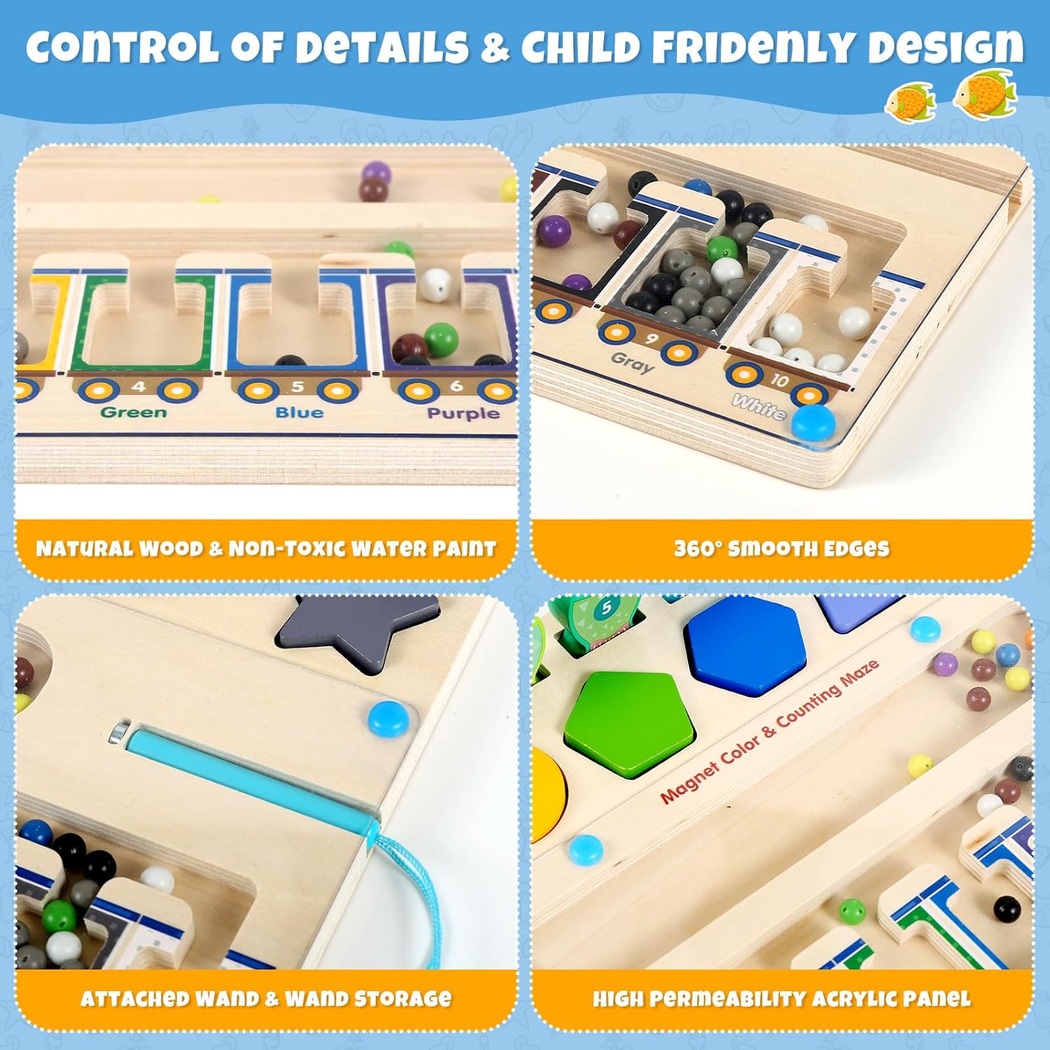 3 in 1 Magnetic Color and Number Maze, Montessori Toys Wooden Puzzle Activity Board, Learning Educational Counting Matching Toys，Toddler Fine Motor Skills Toys for Boys Girls 3 4 5 Years Old