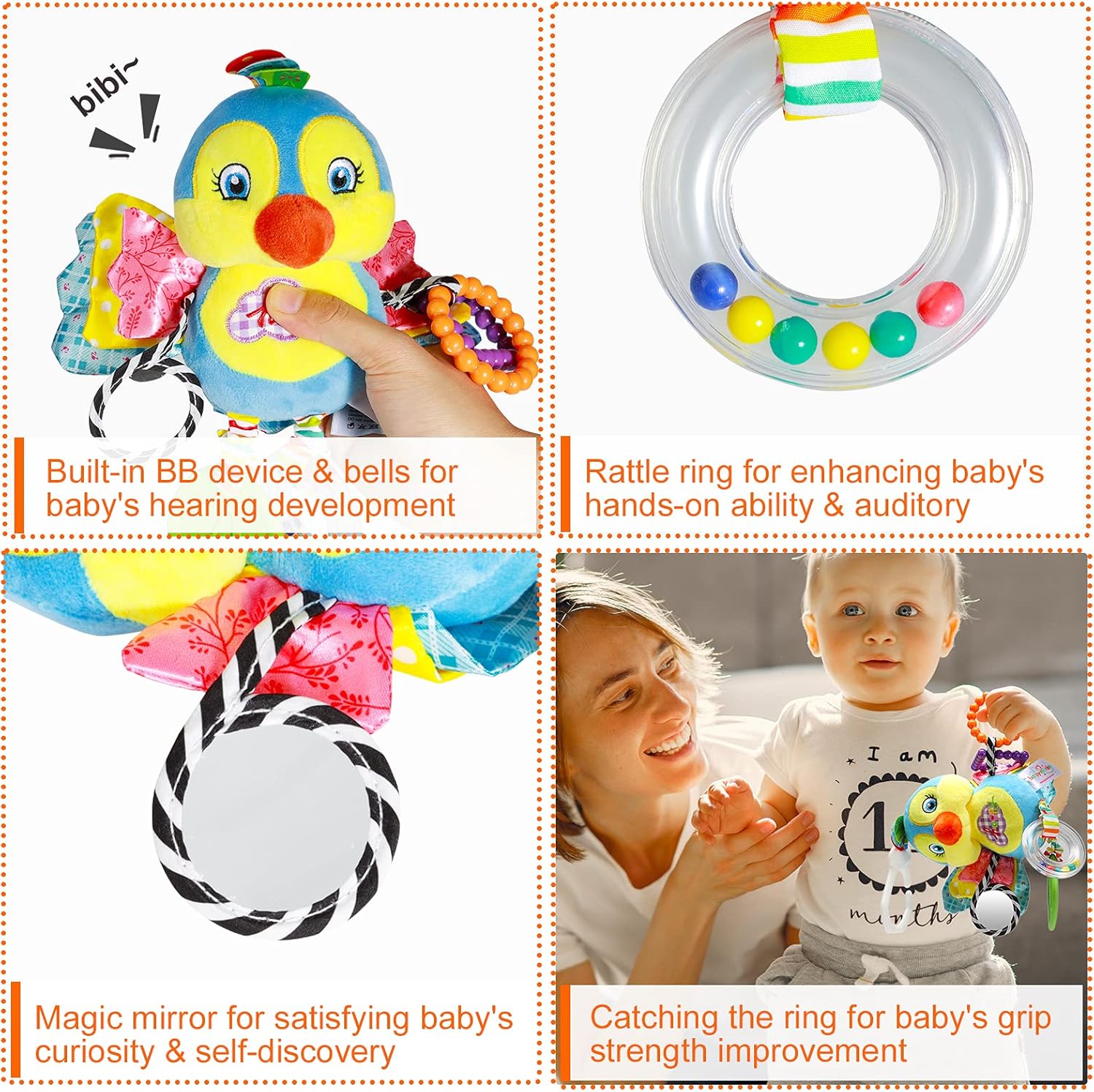 Fidtoy Baby Hanging Sensory Toy for Stroller Crib and Car Seat – Plush Rattle Teether Activity Toy