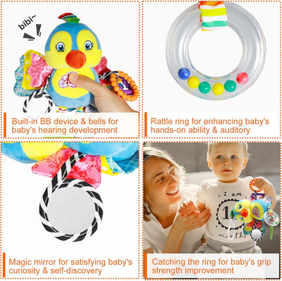 Fidtoy Baby Hanging Sensory Toy for Stroller Crib and Car Seat – Plush Rattle Teether Activity Toy