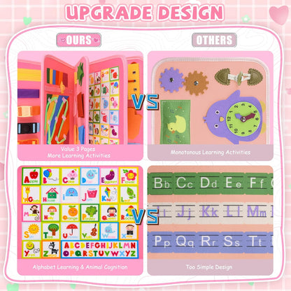 Busy Board Montessori Toys for 1-4 Year Old Toddler, Preschool Educational Learning Activities Developing Sensory Board for Fine Basic Dress Motor Skills/Travel Toys for Plane Car, Gift for Girls Boys