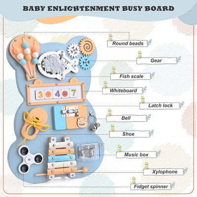 Fidtoy Montessori Busy Board Toy for Toddlers Wooden Activity Board with Music Xylophone Locks Beads Fine Motor Skills Learning Toy Travel Quiet Toy