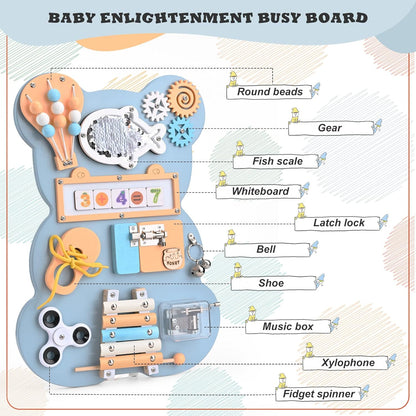 Busy Board Montessori, Sensory Activity Boards - Motor Skills Board - Fine Motor Skills Activity Board for On The Go While Travelling (Blue Board)