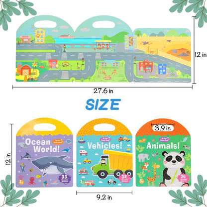 Play N Teach Sticker Book for Kids 3-Pack (101 Stickers: Animals, Vehicles, Ocean World) Reusable Puffy Stickers for Kids Perfect for Travel and Learning