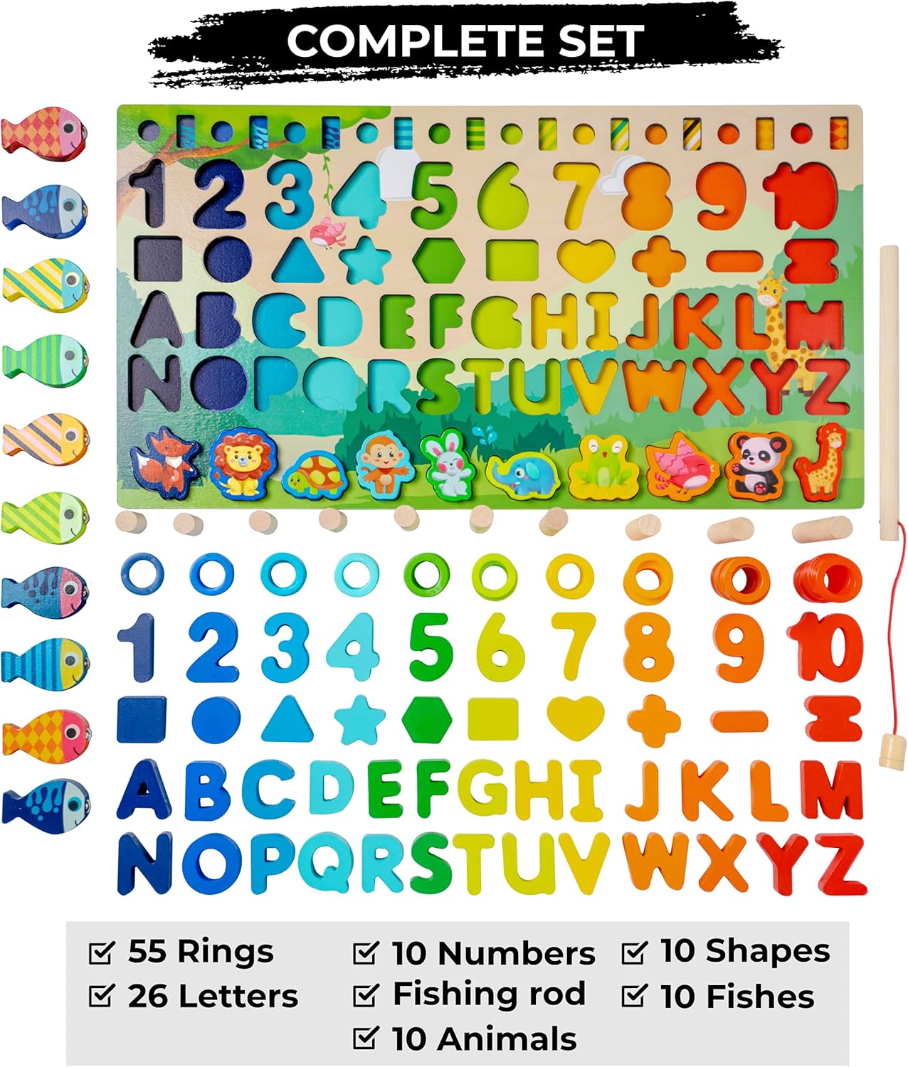OHOME : Wooden Montessori Puzzle Toy 6 in 1 Educational Game Children 3 4 5 6 Years Learn Letters Shapes and Mathematics Counting Numbers - Numbers