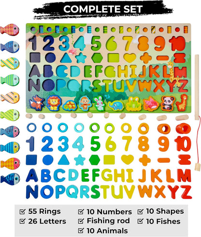 OHOME : Wooden Montessori Puzzle Toy 6 in 1 Educational Game Children 3 4 5 6 Years Learn Letters Shapes and Mathematics Counting Numbers - Numbers