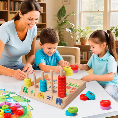 Fidtoy Wooden Number Counting Ring Board with Animal Puzzle Cards for Preschool Math Learning Toy