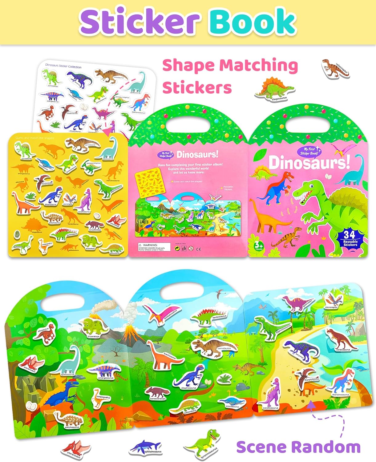 Benresive Reusable Sticker Book for Toddlers 2-4 Years, Fun Travel Stickers for Kids, Waterproof Sticker Books for Toddlers 1-3, 32 Pcs Crafts Activities for Todddlers 1-3 2-4 3-5 - Dino