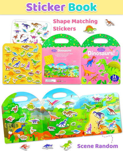 Benresive Reusable Sticker Book for Toddlers 2-4 Years, Fun Travel Stickers for Kids, Waterproof Sticker Books for Toddlers 1-3, 32 Pcs Crafts Activities for Todddlers 1-3 2-4 3-5 - Dino