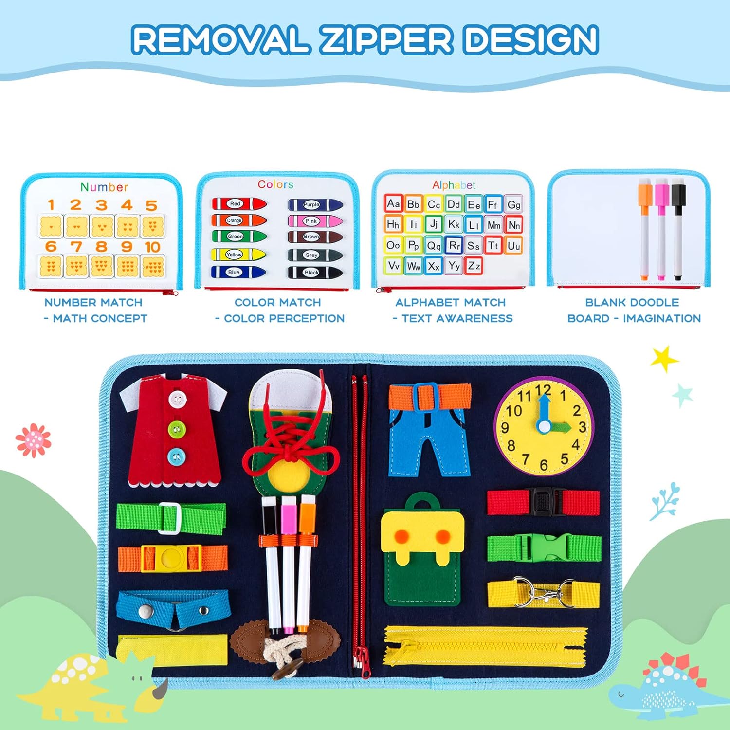 MAMPO Busy Board Montessori Toys for 1 2 3 4 Year Old Children, Learning Basic Skills Toddler Travel Toy with Alphabet & Matching Games, 16-in-1 Animal Theme Portable Busy Board