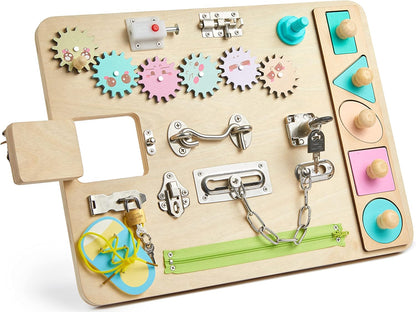 DYZI Montessori Busy Board for Toddlers-Sensory Travel Toys for Early Development and Autism-Educational Preschool Wooden Activity Toy for Boys & Girls