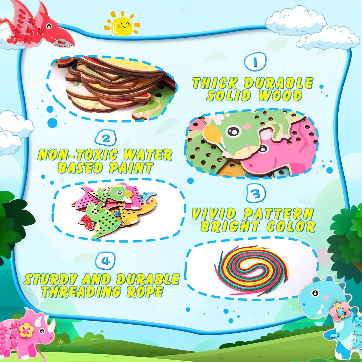 Atoylink 5 Pack Wooden Lacing Cards for Kids 3-5 Dinosaur Threading Sewing Cards Toddler Travel Toys Preschool Puzzle Game Fine Motor Skills Toys for 3 4 5 6 Year Old Christmas Birthday Gift