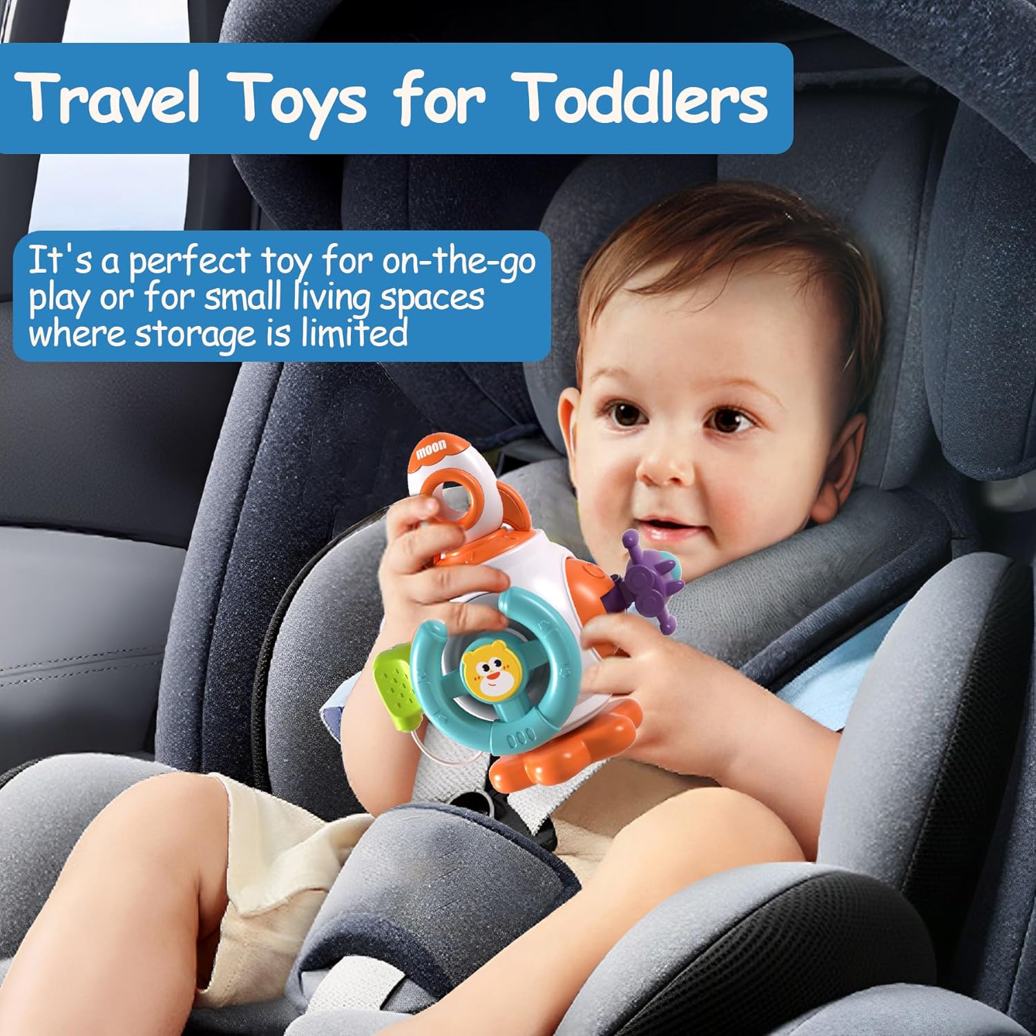 Fidtoy Rocket Montessori Busy Cube for Babies – 6-Sided Sensory Activity Cube with Spinner, Press Button, Pull Rocket, Steering Wheel, Simulated Plug, and Space Play
