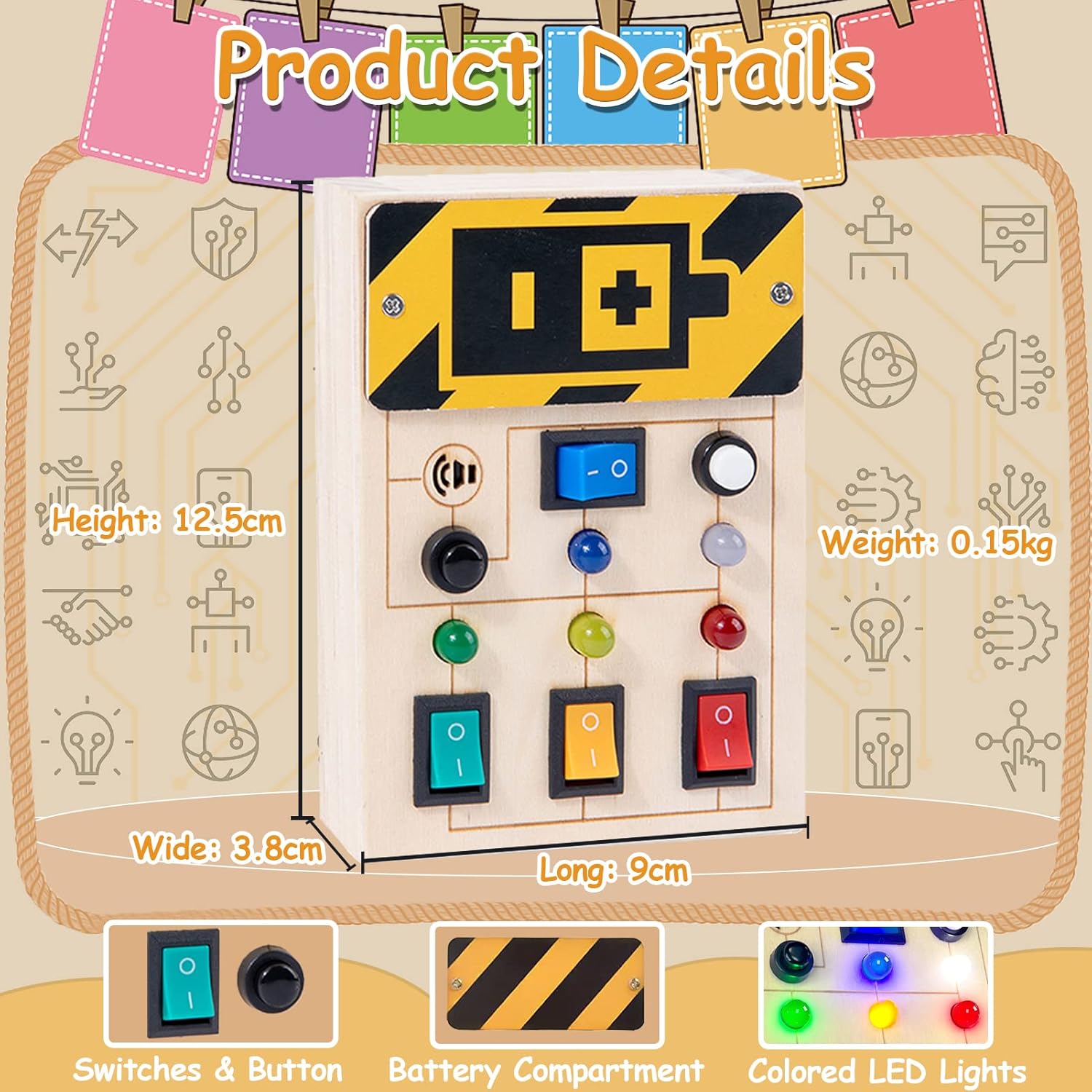 TEUVO LED Light Switch Busy Board for Toddler with Sound Montessori Wooden Sensory Travel Toys with Button Keep Kid Busy Gifts for Boy Girls Aged 3+
