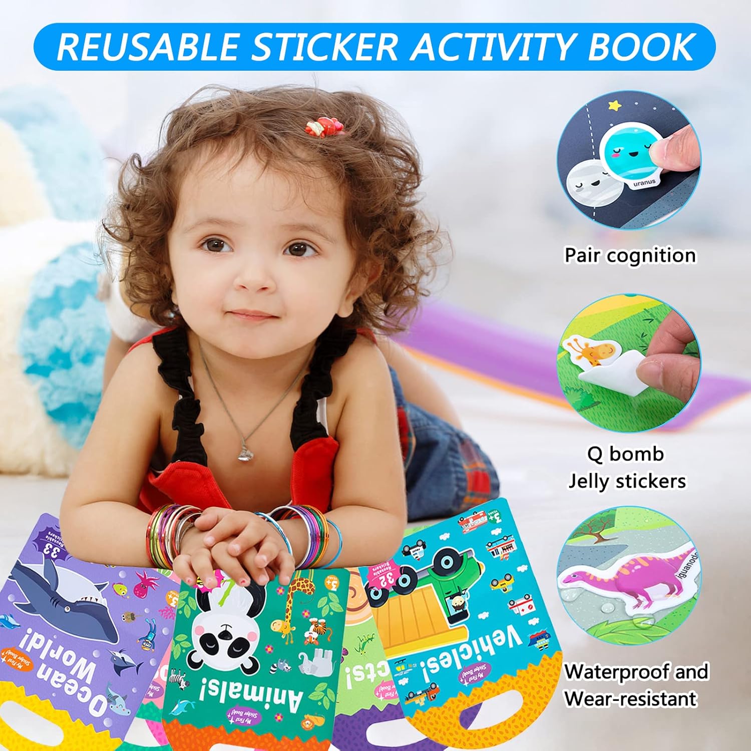 Portable Jelly Quiet Book, Reusable Sticker Books for Kids, 6 Themes Preschool Learning Activities Quiet Book for Toddlers 3 4 5 6 Year Old Girls Boys Birthday Gift Educational Learning Toy (Space)