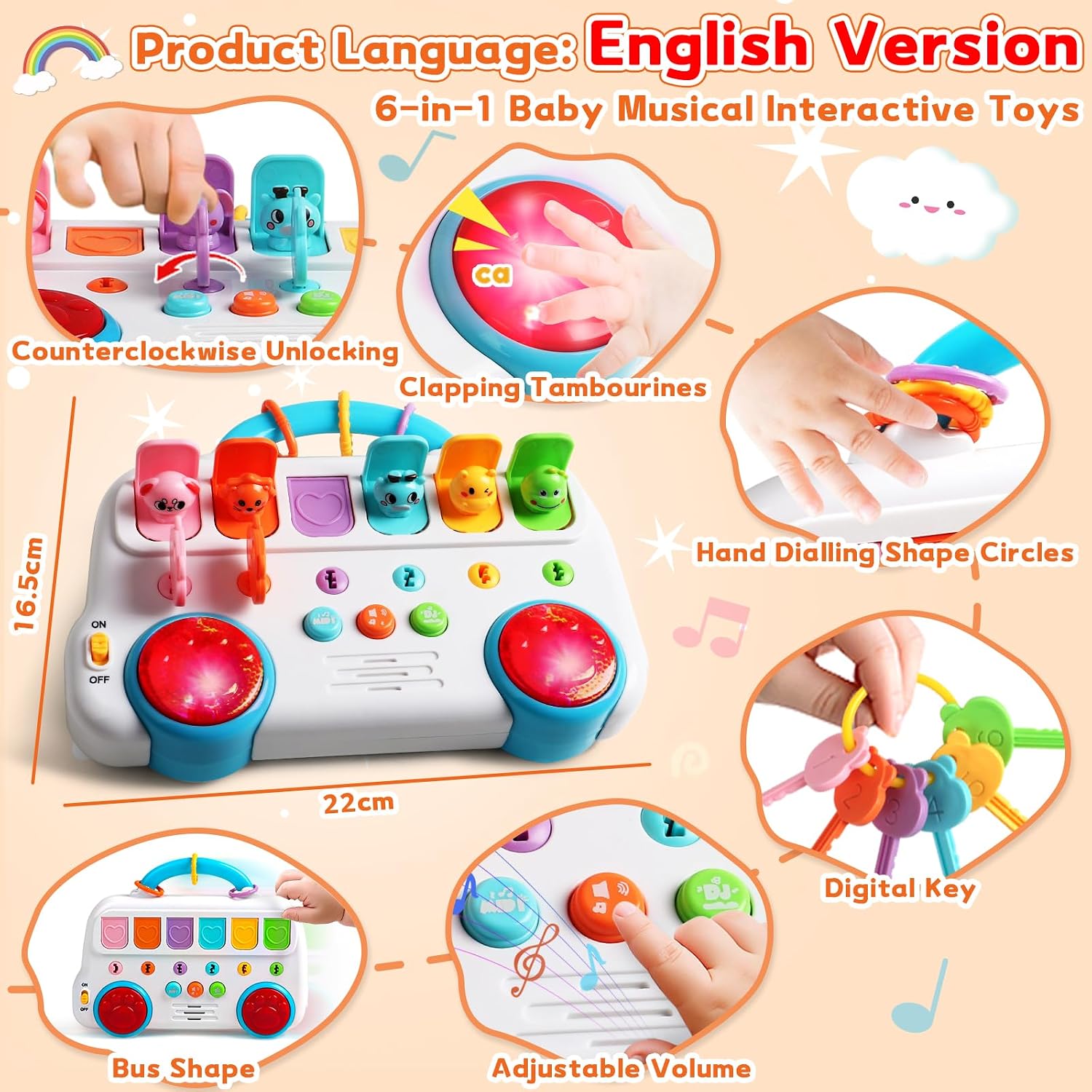 Fidtoy Interactive Pop Up Animal Sound Color Recognition Key Set with Music Lights for Toddlers