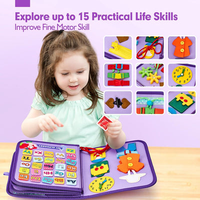 Fidtoy Montessori Busy Board for Toddlers – 8-in-1 Preschool Activity Board, Travel Learning Toy, Fine Motor Skills Busy Book