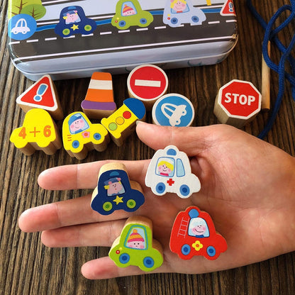 CenYouful Lacing Toy Wooden Block Set, Early Educational Toys String & Lacing Beads Games for Toddlers & Kids, 12 Pieces (Traffic Tools)