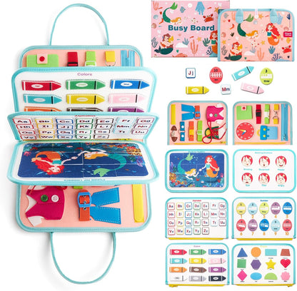 Busy Board Sensory Toys for Toddlers 2 3 4, Travel Activities Educational/Montessori Toys for 2 3 4 Year Old Gilrs Boys Gift, Mermaid