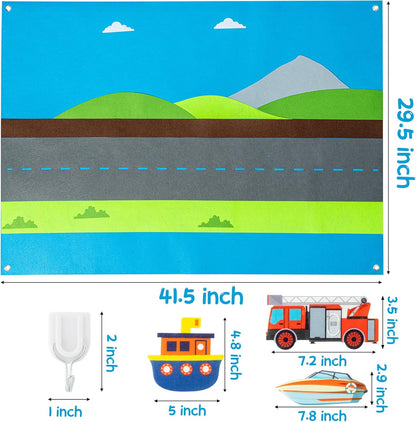 WATINC 35Pcs Vehicle Felt Story Board Set 3.5Ft Preschool Transportation Themed Storytelling Cars Train Trucks Planes Boats Early Learning Interactive Play Kit Wall Hanging Gift for Toddlers Kids