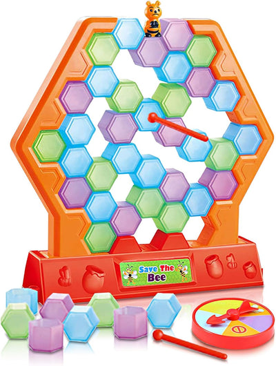 Fidtoy Save the Bee Stacking and Tumbling Game for Kids Ages 3+, Plastic Beehive Balance Board Game with 45 Honeycomb Pieces, 2 Grabbers, Spinner and Bee, Color Recognition Fine Motor Family Game
