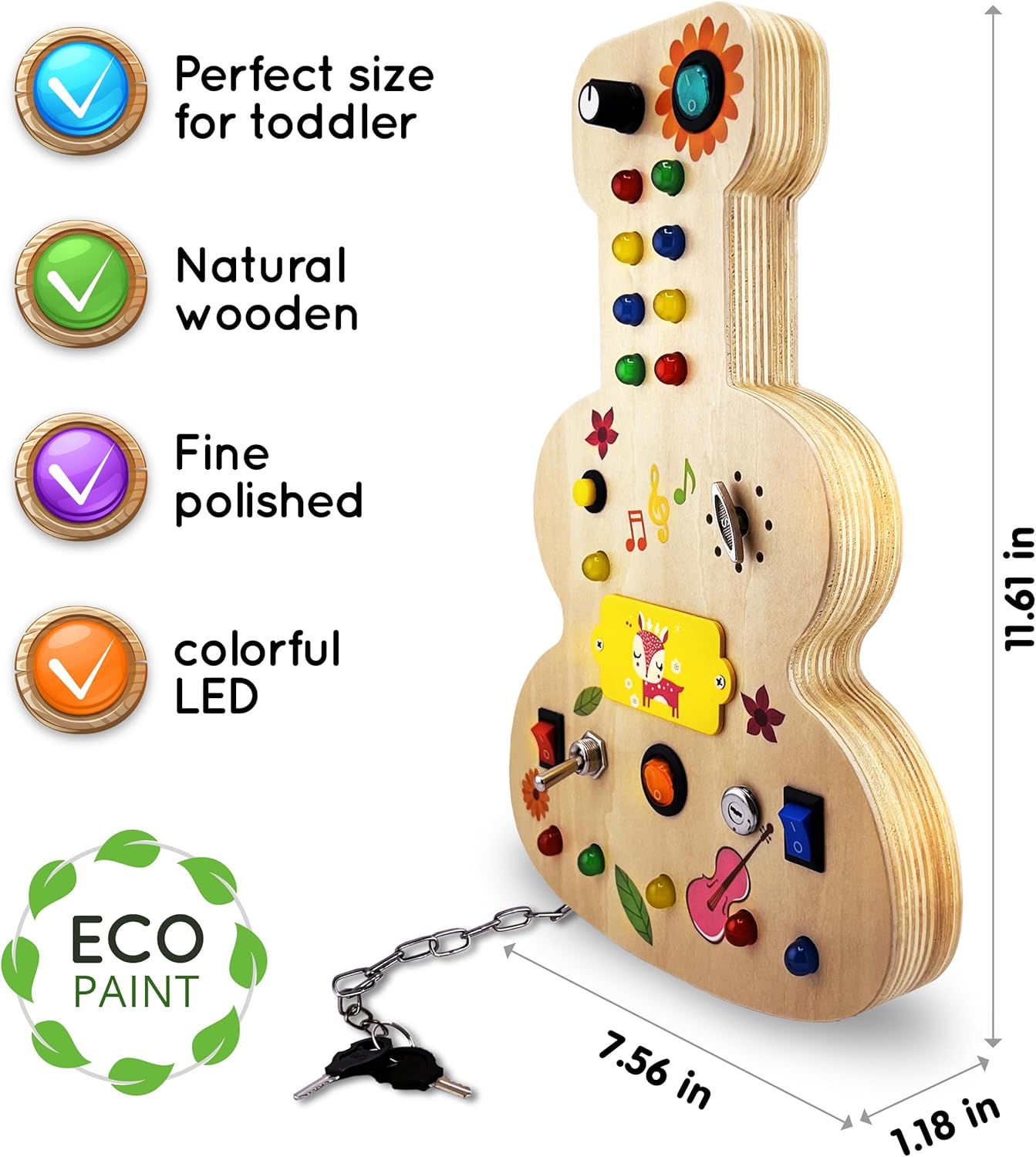 Wooden Montessori Musical Busy Board for Toddlers for 3-5 Year-Old with Mechanical Turner, Colorful Bulbs, Switches, Buttons - Enhance Sensory, Motor Skills, and Logical Thinking