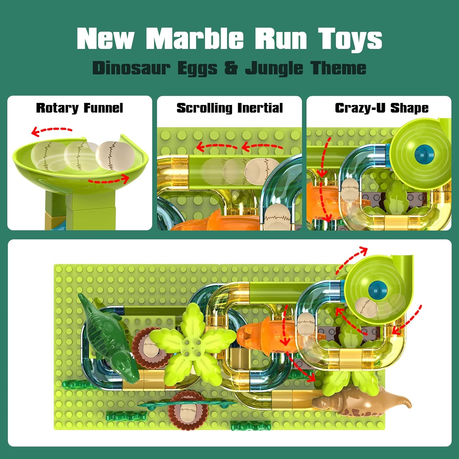 Fidtoy Dinosaur Marble Run Track Set for Kids – 125-Piece Jurassic STEM Building Toy with Dinosaur Eggs, Funnel, Marble Maze, and Creative Construction Play
