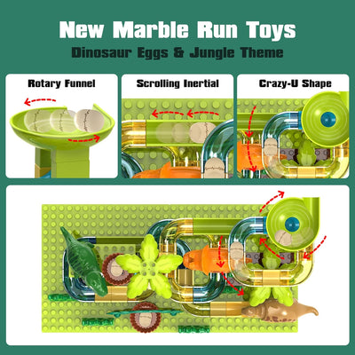 Fidtoy Dinosaur Marble Run Track Set for Kids – 125-Piece Jurassic STEM Building Toy with Dinosaur Eggs, Funnel, Marble Maze, and Creative Construction Play