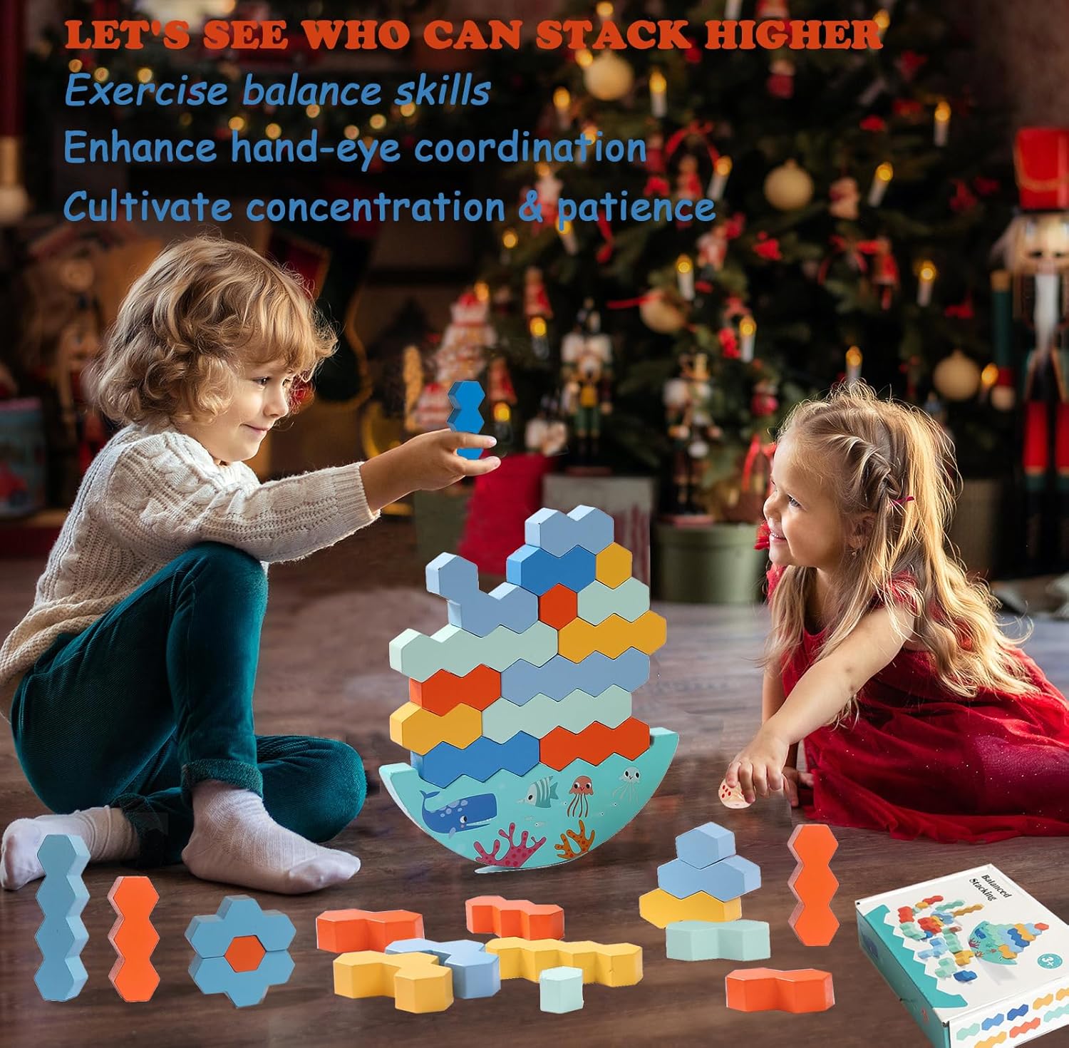 Jeu de société Fidtoy Balance Stacking en bois avec dés